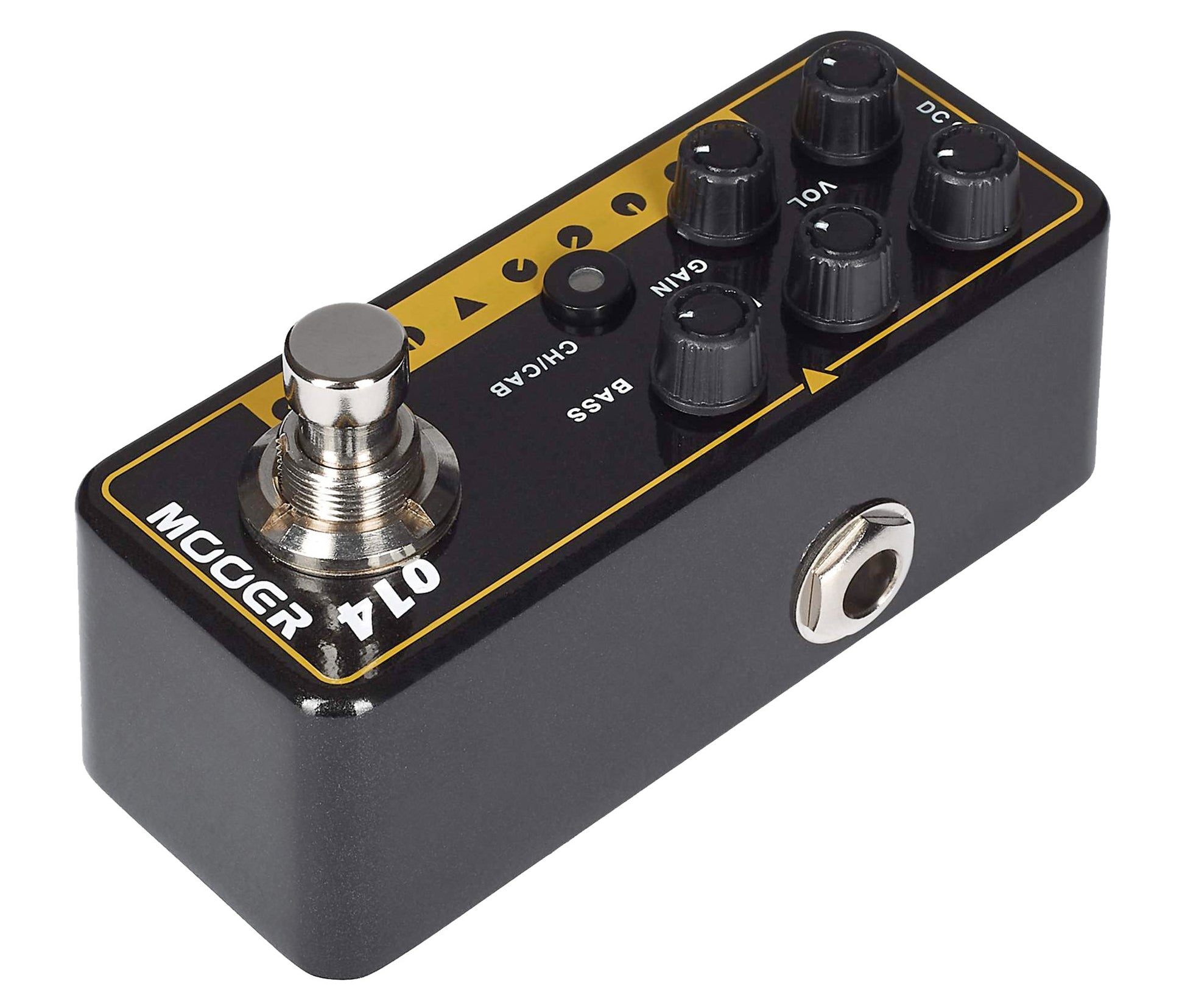 Pédale TAXIDEA TAXUS, préampli numérique type US combo, deux canaux, EQ 3 bandes par canal, noir et jaune