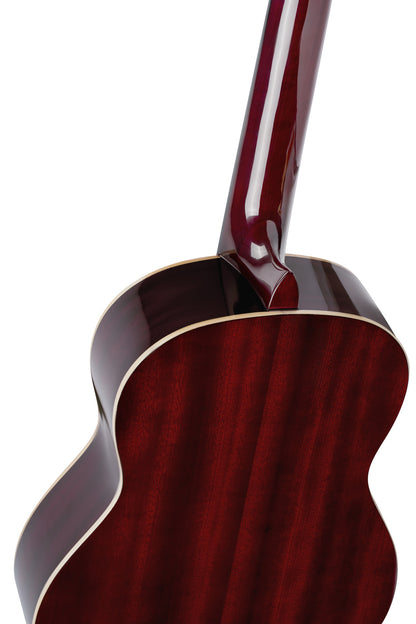 R121, table épicéa, fond & éclisses acajou, manche acajou (sillet 52 mm), housse, bordeaux brillant