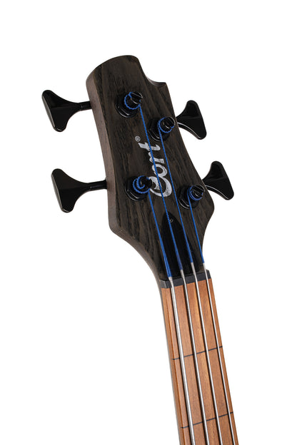 B4 Element FL, fretless, corps acajou, table frêne, touche érable torréfié, micros & préampli Bartolini MK-1, noir pores ouverts
