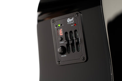 Earth 60 CE, pan coupé, table épicéa massif, fond & éclisses acajou, touche laurier, EQ CE304T, noir brillant