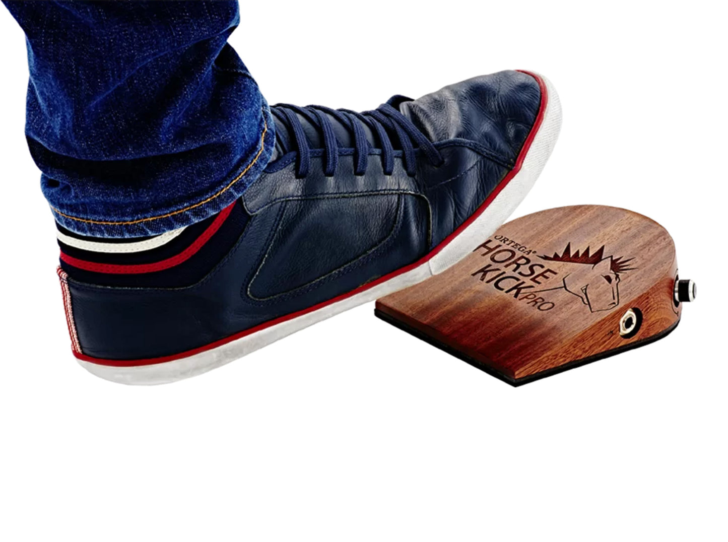 Pédale Horse Kick Pro, acajou massif, cinq sons de percussions, entrée et sortie jack 6.35, pile 9V et adaptateur (fourni)