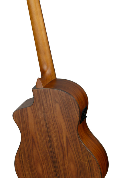 RCE23RO, pan coupé, EQ MagusPro, table épicéa massif torréfié, fond & éclisses pao ferro, manche érable torréfié, housse, marron