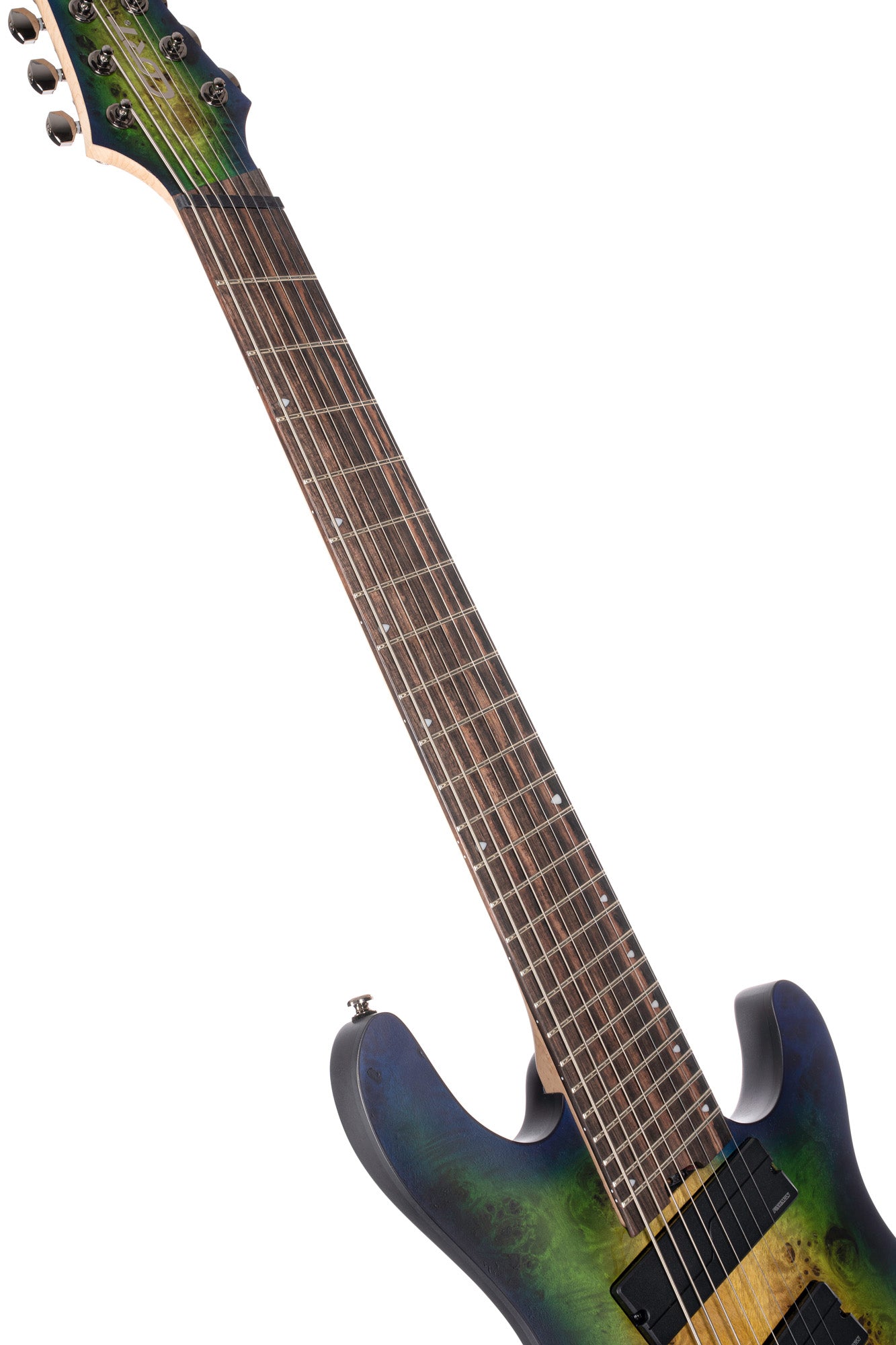 KX508MS2, 8 cordes, corps okoumé, table peuplier figuré, frettes en éventail, touche ébène, micros Fishman, mariana blue burst