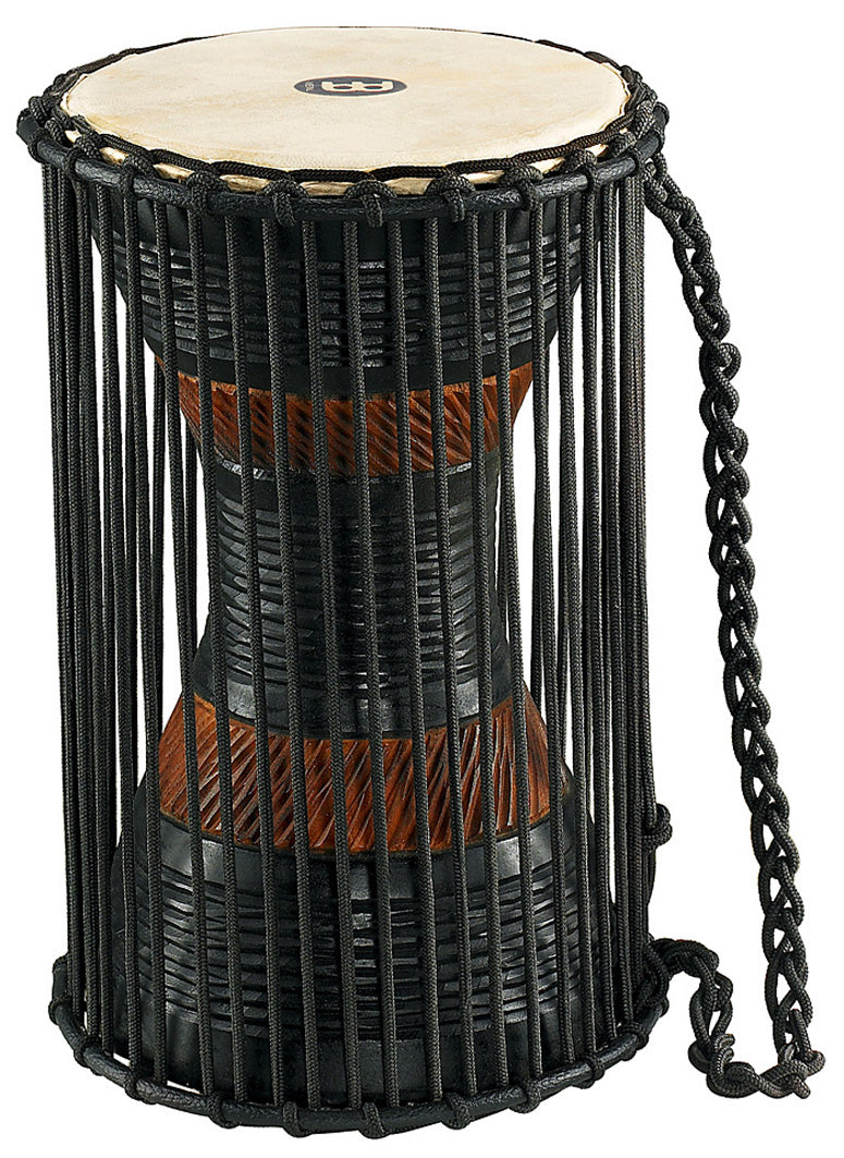 Talking Drum africain 7x12", acajou une pièce, peau chèvre, cordage nylon, avec batte recourbée, décorations gravées, noir/brun