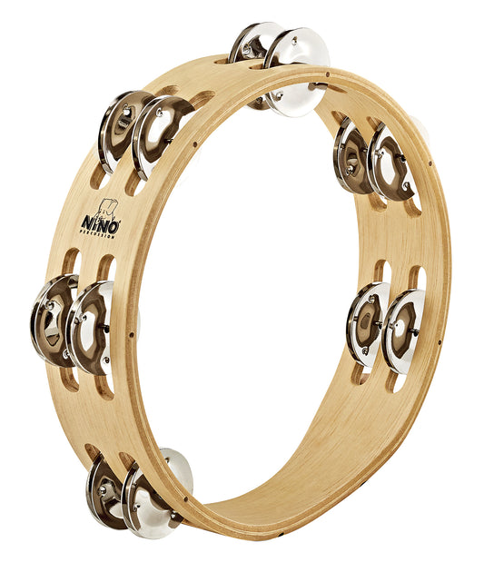 TAMBOURIN NINO BOIS 8"/2 RANGS, 16 CYMBALETTES ACIER NICKELÉ, FINITION NATUREL