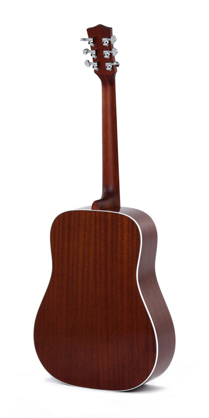 Modèle DM-SG5L, Dreadnought, table épicéa massif, f/e acajou, touche micarta, EQ Fishman, soft case, heritage sunburst, gaucher