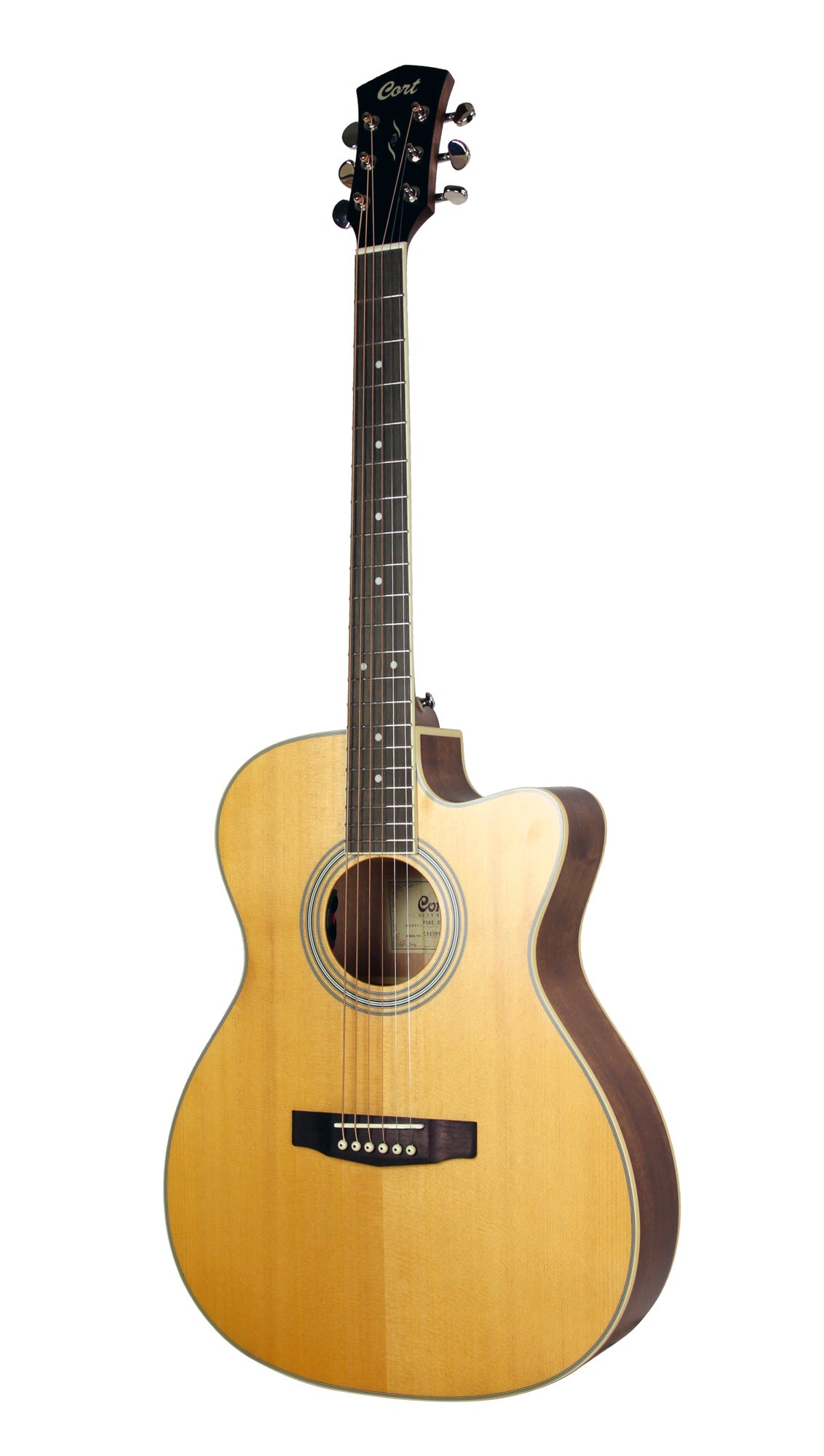 PURE-OC, forme OM pan coupé, table épicéa massif, f/e acajou massif, EQ Fishman Sonitone, housse, naturel satiné