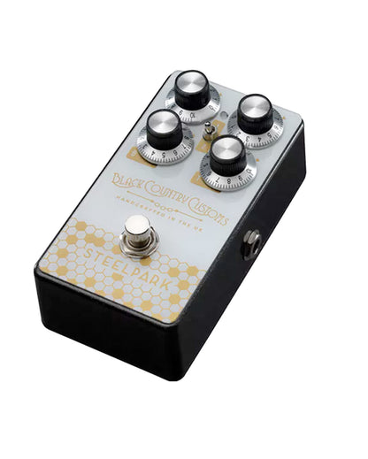 Pédale boost STEELPARK, 3 modes, jusqu'à 30dB de gain, switch silencieux, boitier métal, blanc et or