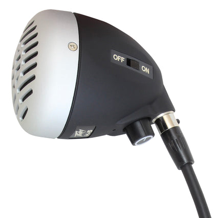 Micro pour harmonica, interrupteur marche/arrêt, commande volume, étui rigide, câble fourni, finition noir/argent