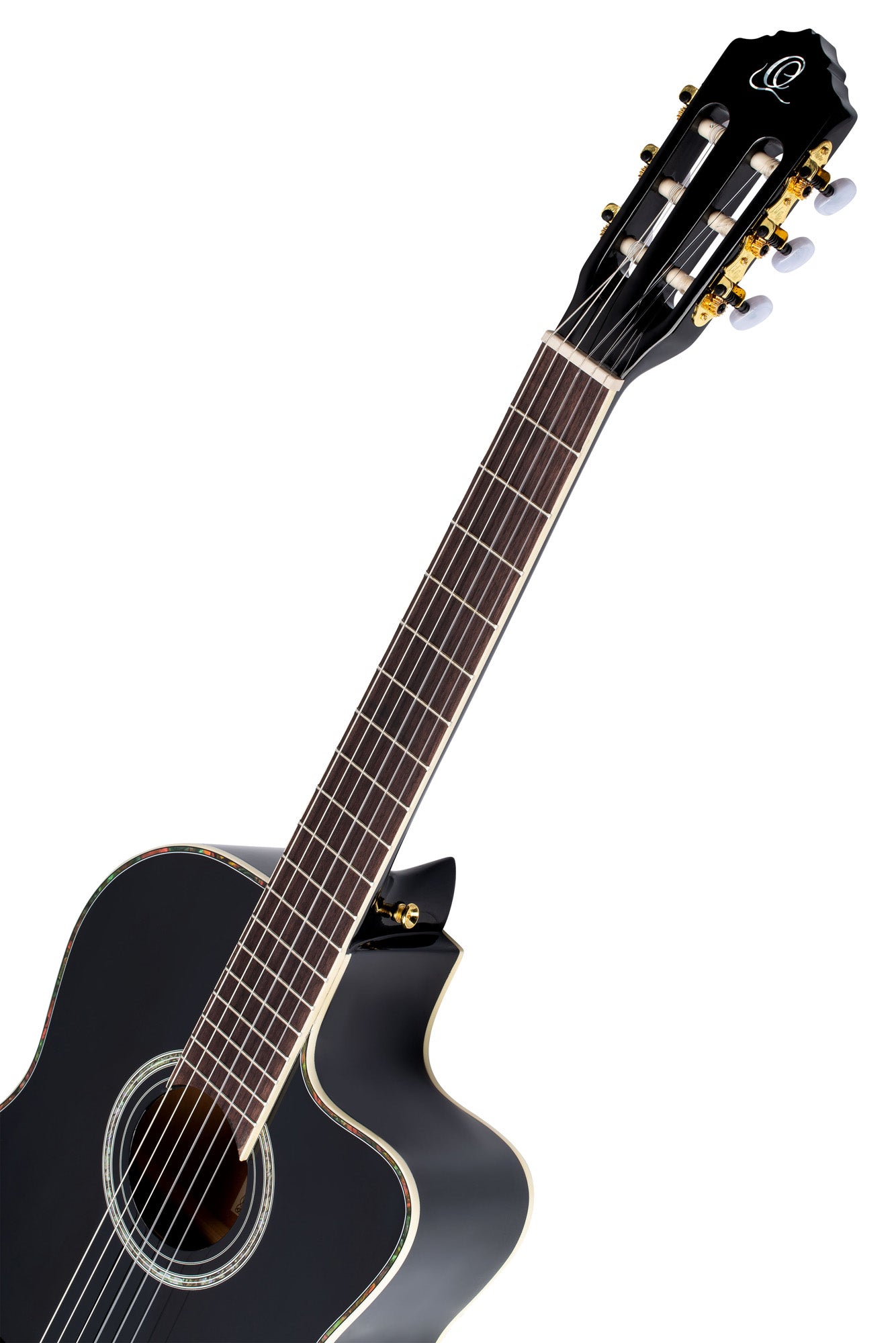 RCE141, pan coupé, EQ Ortega MagusPro, table épicéa massif, manche acajou (52 mm), noir brillant