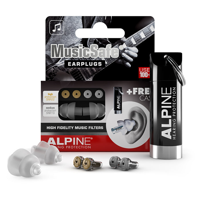 MusicSafe, deux bouchons d'oreilles, deux paires de filtres interchangeables (atténuation 19 ou 22 dB), étui
