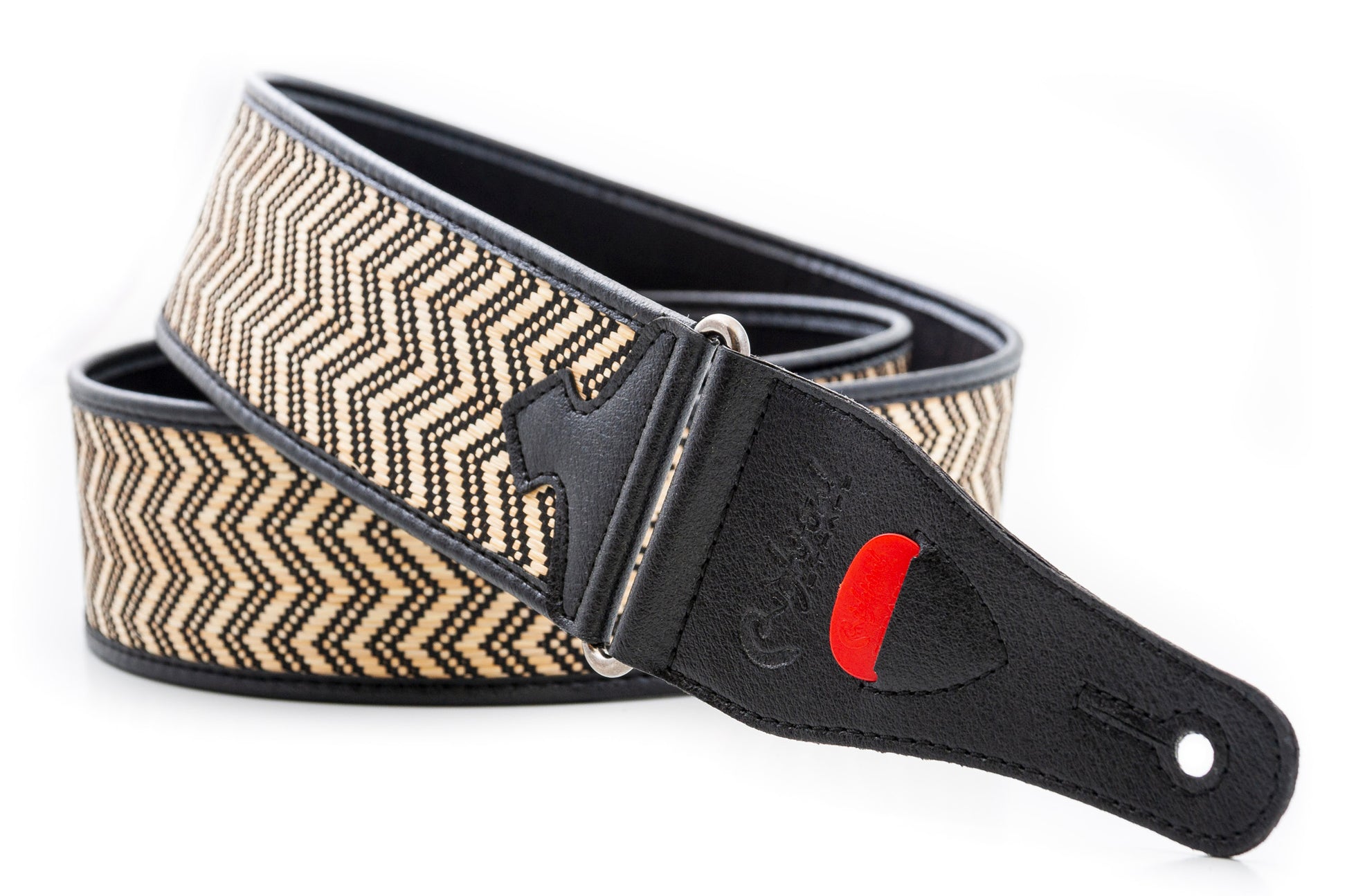 Courroie modèle VICTORIA, fibre naturelle, largeur 6 cm, longueur 95 à 150 cm, porte-médiators intégré, beige et noir