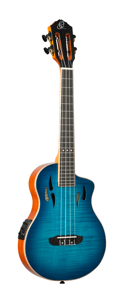 RTPX-U-FMA, modèle Tourplayer Ténor, pan coupé, EQ Magus X/U, table érable flammé, f/e okoumé, manche acajou, housse, bleu