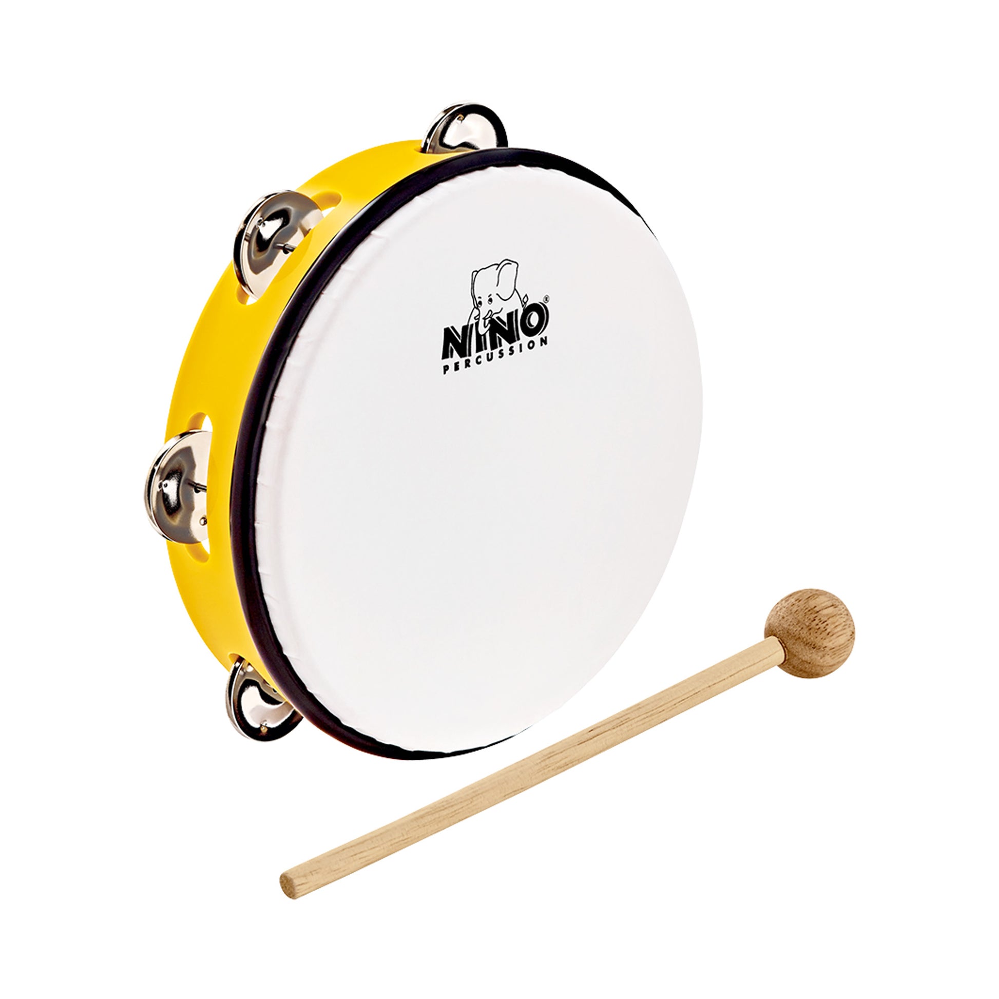 Tambourin Nino 8" cadre en plastique ABS, peau synthétique, cymbalettes nickelées, avec mailloche bois, jaune