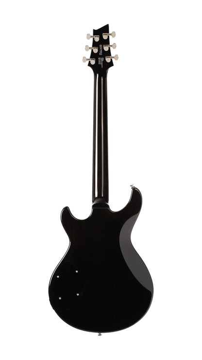 M600, corps acajou, placage érable flammé, manche collé acajou, 2 micros doubles Cort Voiced Tone VTH-59, trans black burst