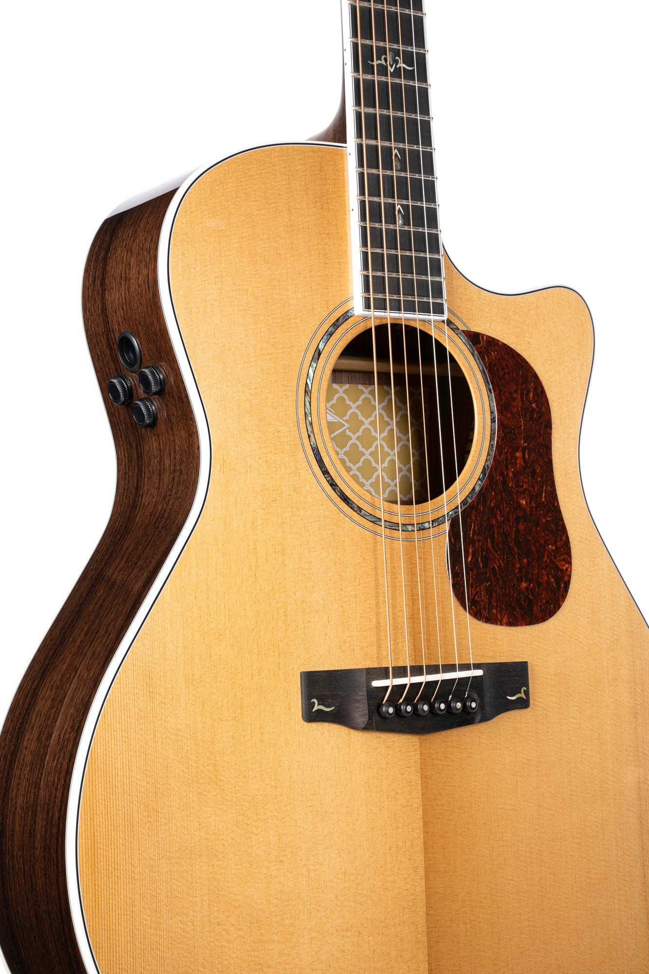 GOLD-A8, forme Grand Auditorium, table épicéa massif torréfié, f/e pau ferro massif, EQ Fishman Flex Blend, naturel brillant