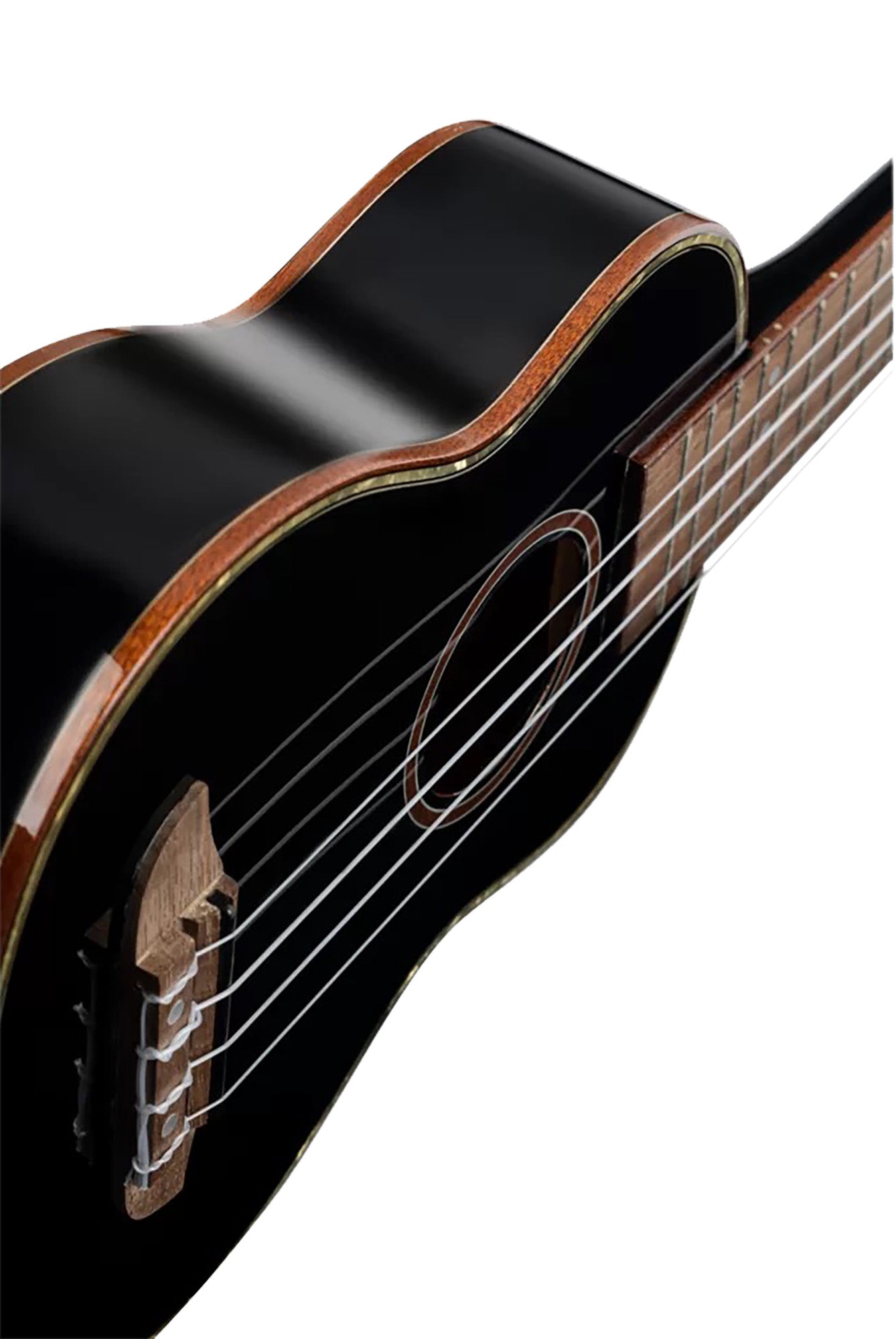 RUOX-SO, modèle Soprano, table épicéa, fond & éclisses acajou, manche acajou, housse luxe, noir brillant