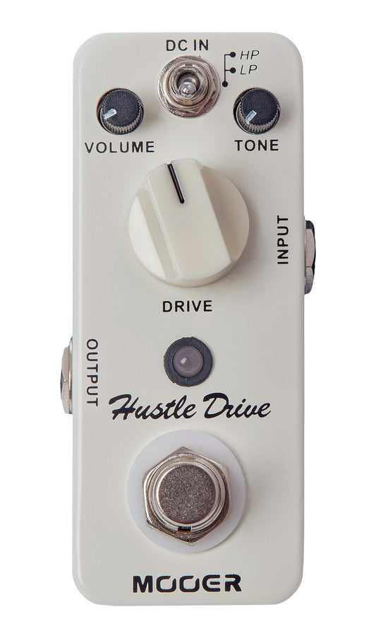 Pédale HUSTLE DRIVE, distorsion style lampe ultra-dynamique à 2 modes (HP/LP), boîtier métal, true bypass, blanc