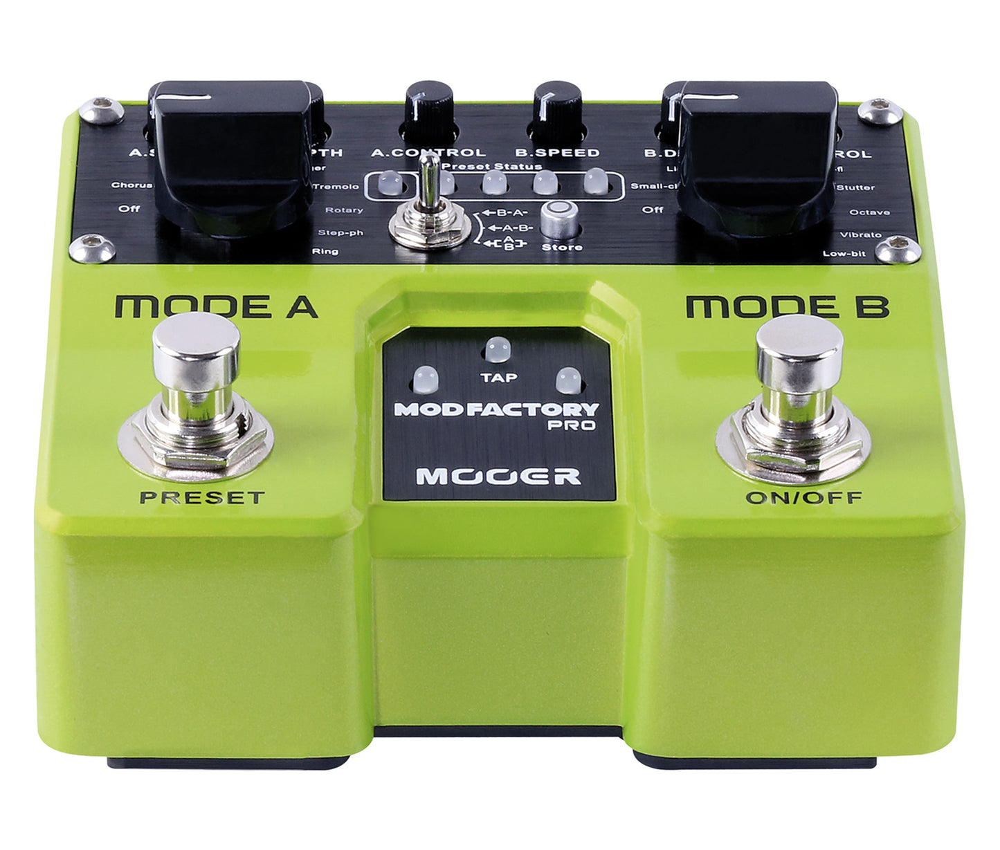 Pédale MOD FACTORY PRO, 2 modules de modulations indépendants (Modes A et B), 16 effets de modulations, vert