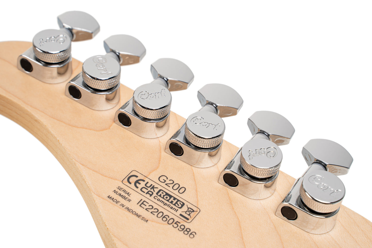 G200, corps peuplier, manche érable, touche jatoba , 2 micros simples et 1 double Powersound, plaque blanche, bleu ciel