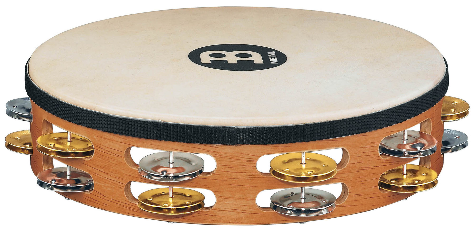 Tambourin bois avec peau de chèvre sélectionnée à la main, 2 rangée de cymbalettes acier nickelé et laiton, Super Natural