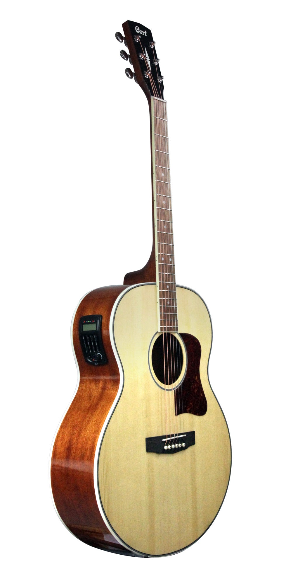 CJ-MEDX, forme Jumbo, table épicéa, fond & éclisses acajou, manche acajou, touche merbau, EQ Cort CE306T, naturel brillant