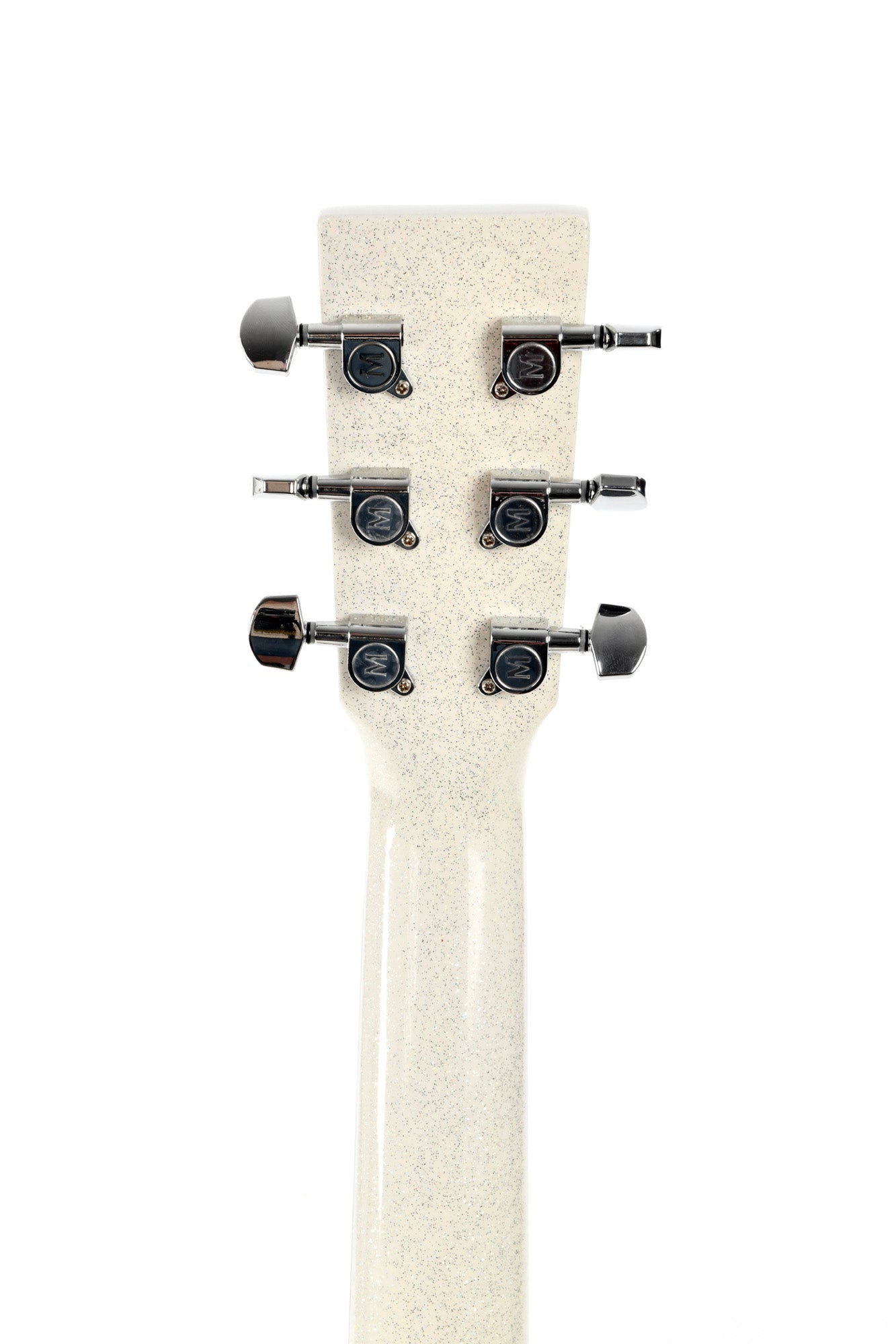 Modèle GM-1E, Grand OM, table épicéa massif, f/e acajou, touche micarta, EQ Fishman, blanc pailleté