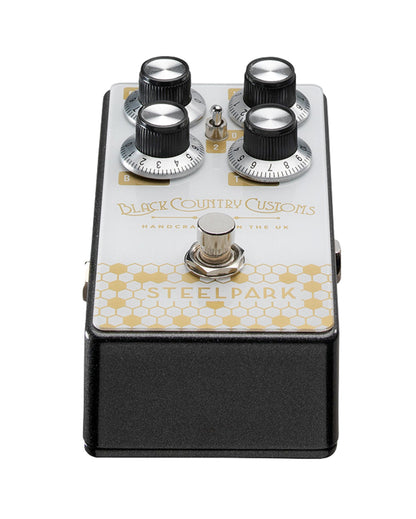 Pédale boost STEELPARK, 3 modes, jusqu'à 30dB de gain, switch silencieux, boitier métal, blanc et or