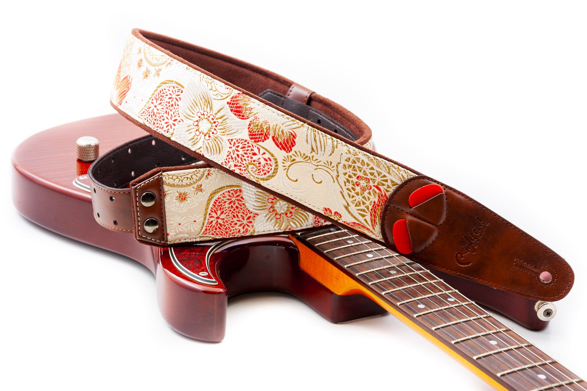 Courroie modèle HOKKAIDO, extérieur synthétique, largeur 6 cm, longueur 100 à 150 cm, porte-médiators intégré, beige