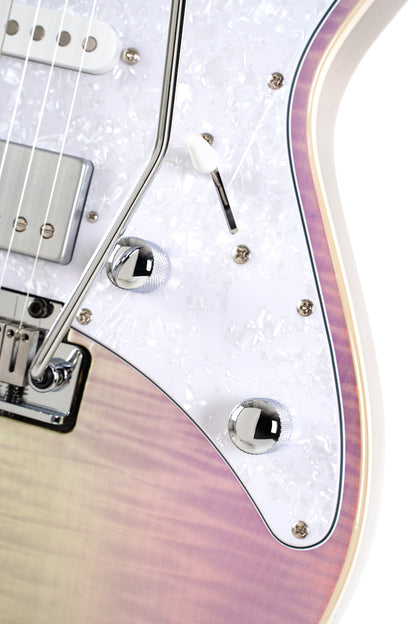 G280 SELECT, corps aulne, table érable flammé, 2 micros simples et 1 double Voiced Tone, trans chameleon purple