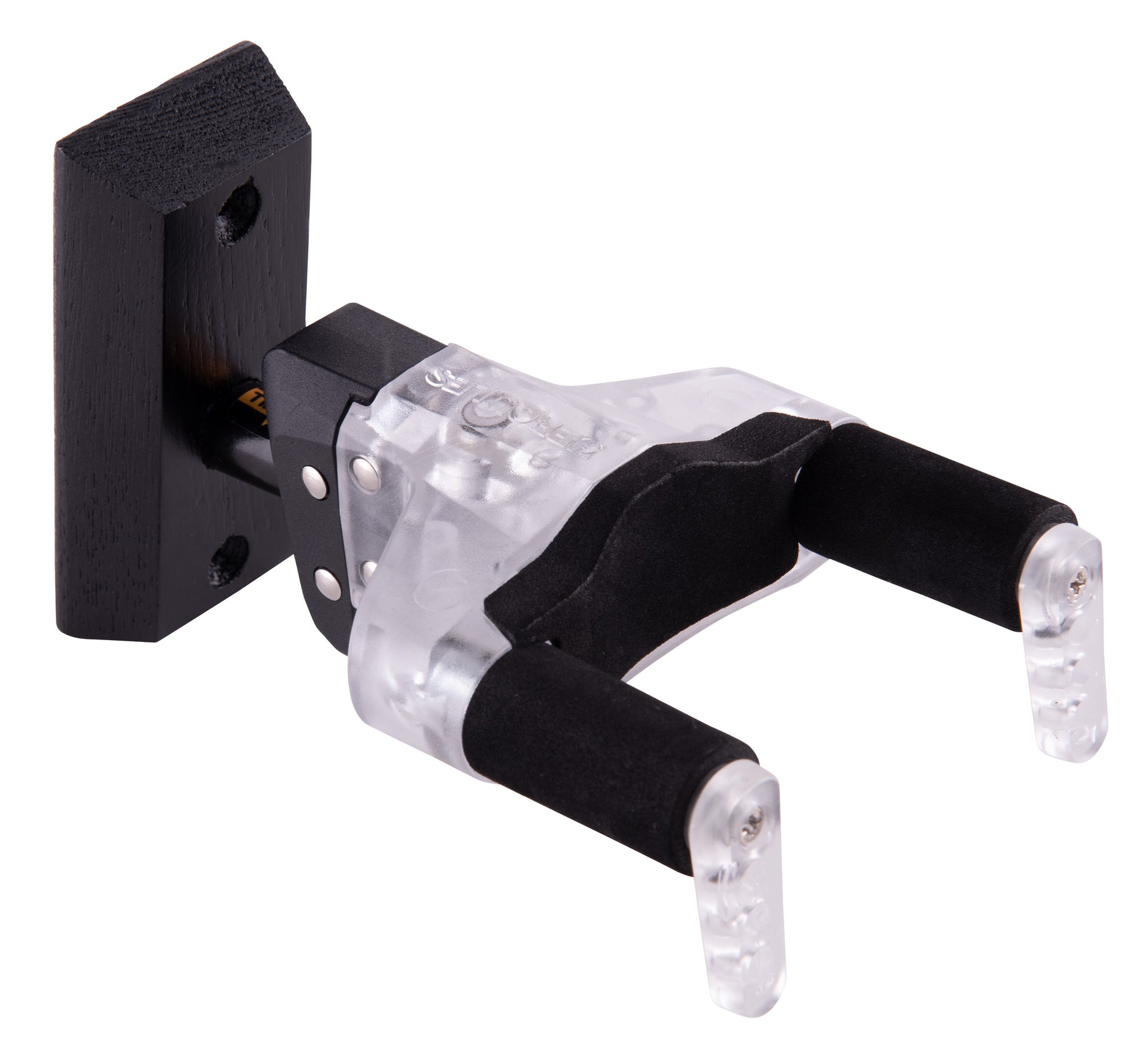 Support mural de face avec système AGS PLEXI (édition limitée en polycarbonate), système NINA, embase bois noir