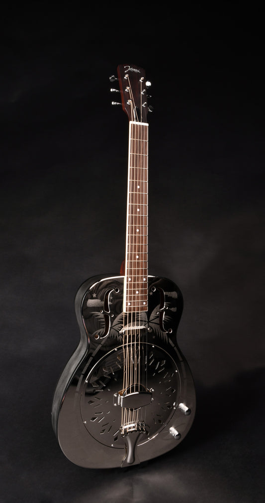 JR-998, corps en laiton, manche acajou, touche palissandre, micro simple, nickel brillant avec palmiers.