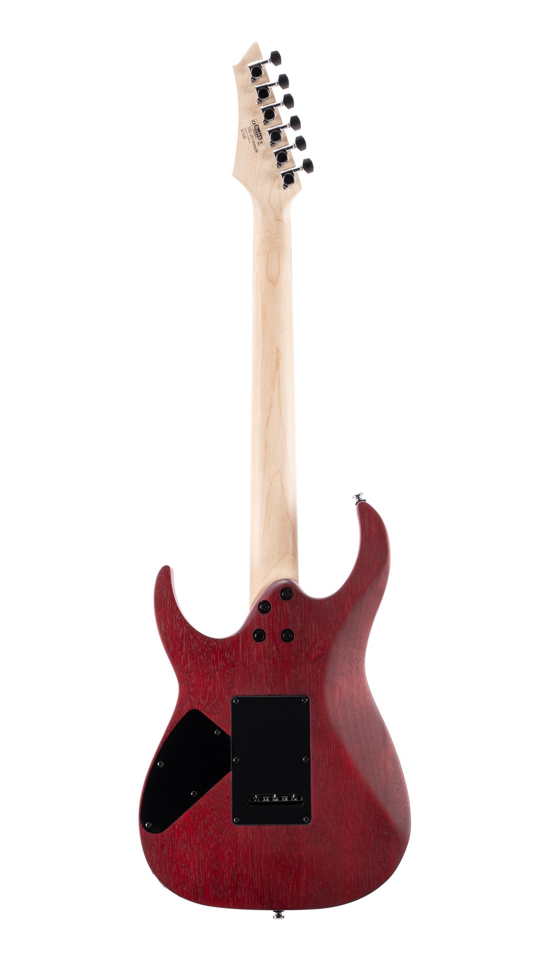 X100, corps meranti, manche érable, touche jatoba, trémolo 6 points, 2 doubles Powersound, black cherry pores ouverts