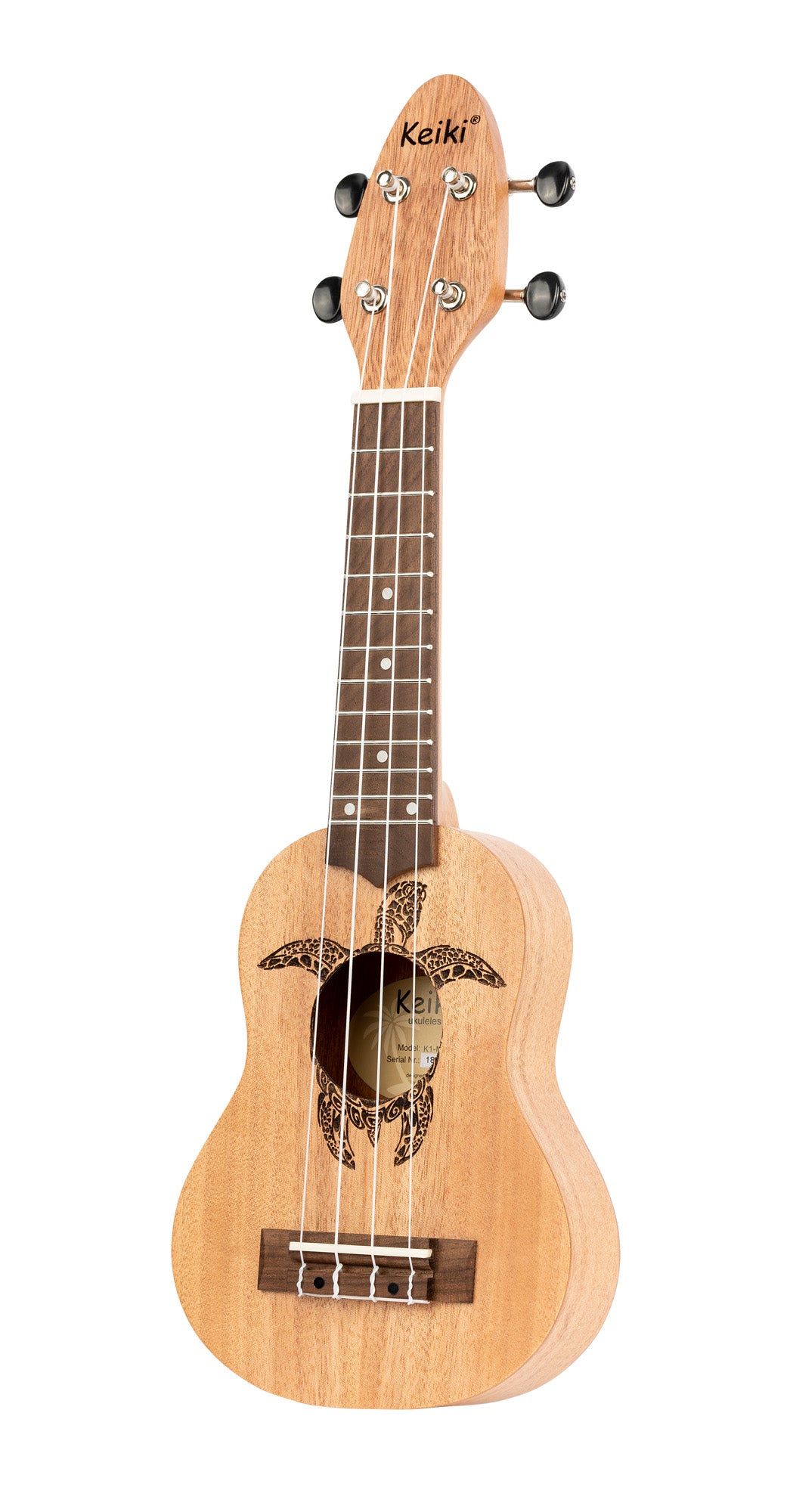 K1-MM, ukulélé Sopranino, table okoumé avec motif tortue, fond & éclisses okoumé, manche okoumé, acajou pores ouverts