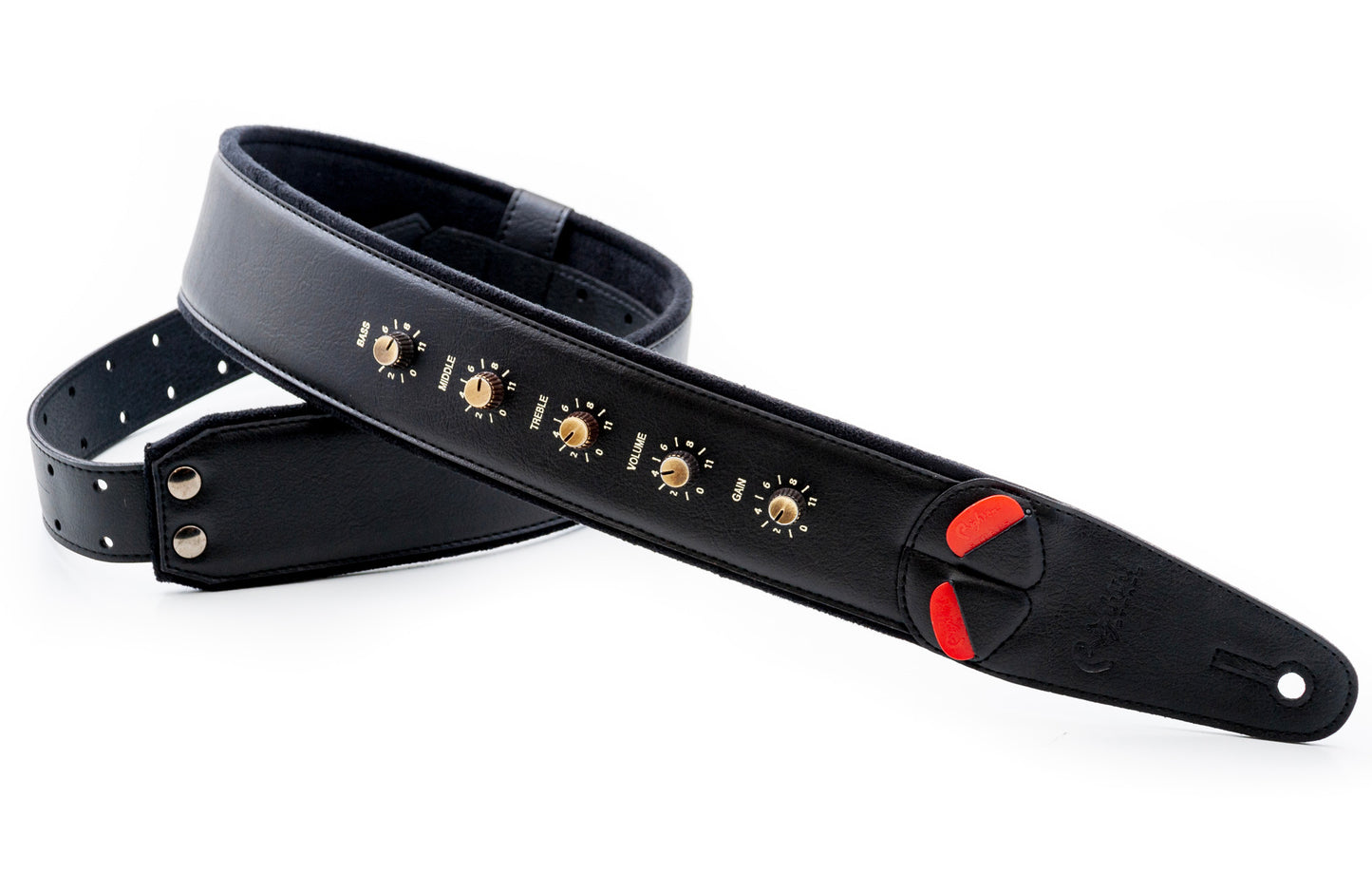 Courroie modèle SPINALTAP, extérieur synthétique, largeur 6 cm, longueur 100 à 145 cm, porte-médiators intégré, noir