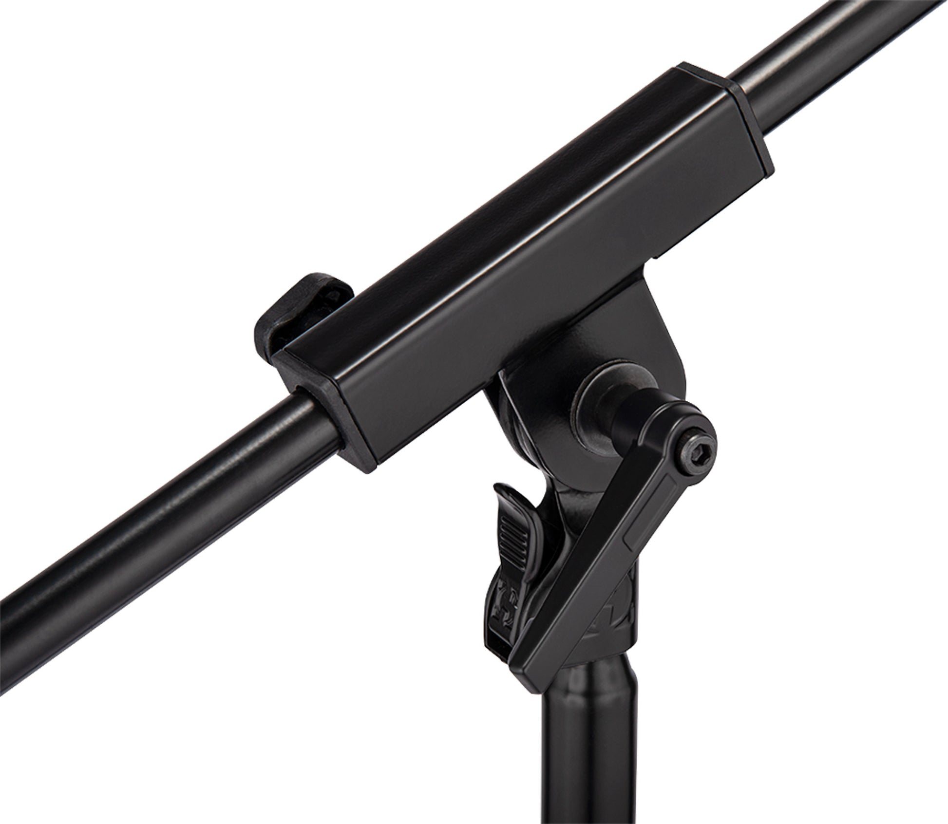 Support bas avec perche télescopique courte 2 parties, idéal pour batterie ou ampli, levier Power Lock, système Quik-N-EZ