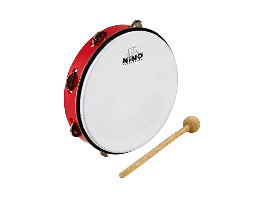 Tambourin 10" cadre en plastique ABS, peau synthétique, cymbalettes nickelées, avec mailloche bois, rouge