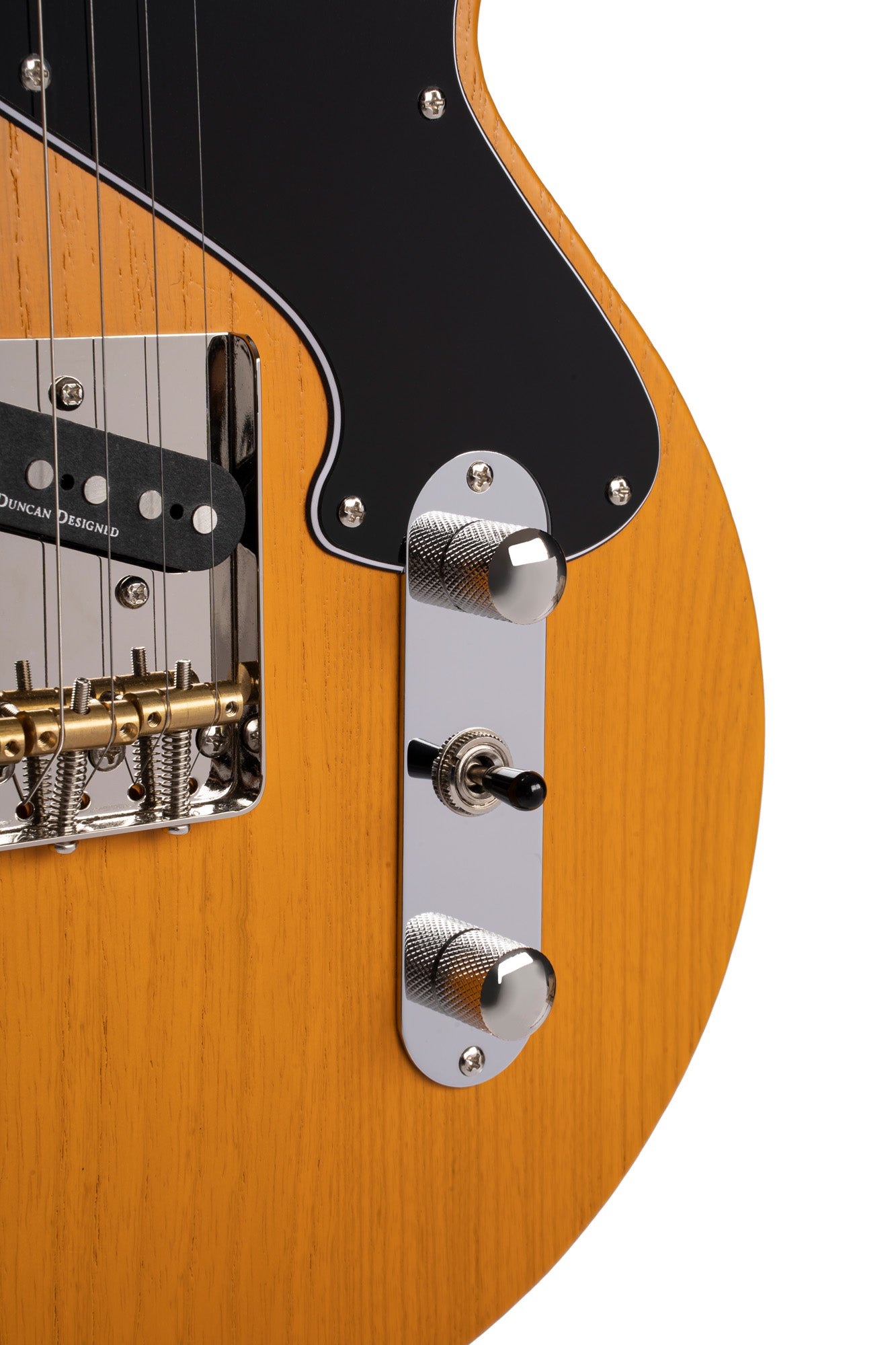 SUNSET TC, corps frêne, manche érable, touche jatoba, 2 micros CORT Voiced Tone, jaune moutarde pores ouverts