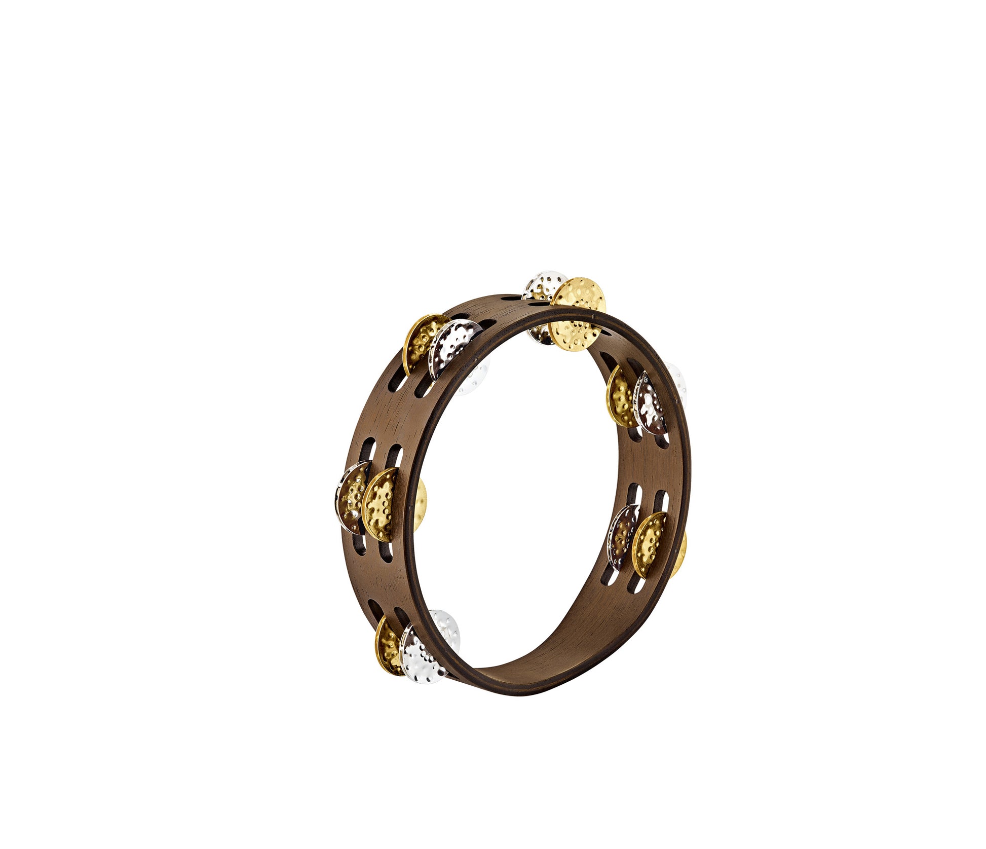 Tambourin bois compact 8", 2 rangées de cymbalettes acier martelé et laiton martelé, Walnut brown