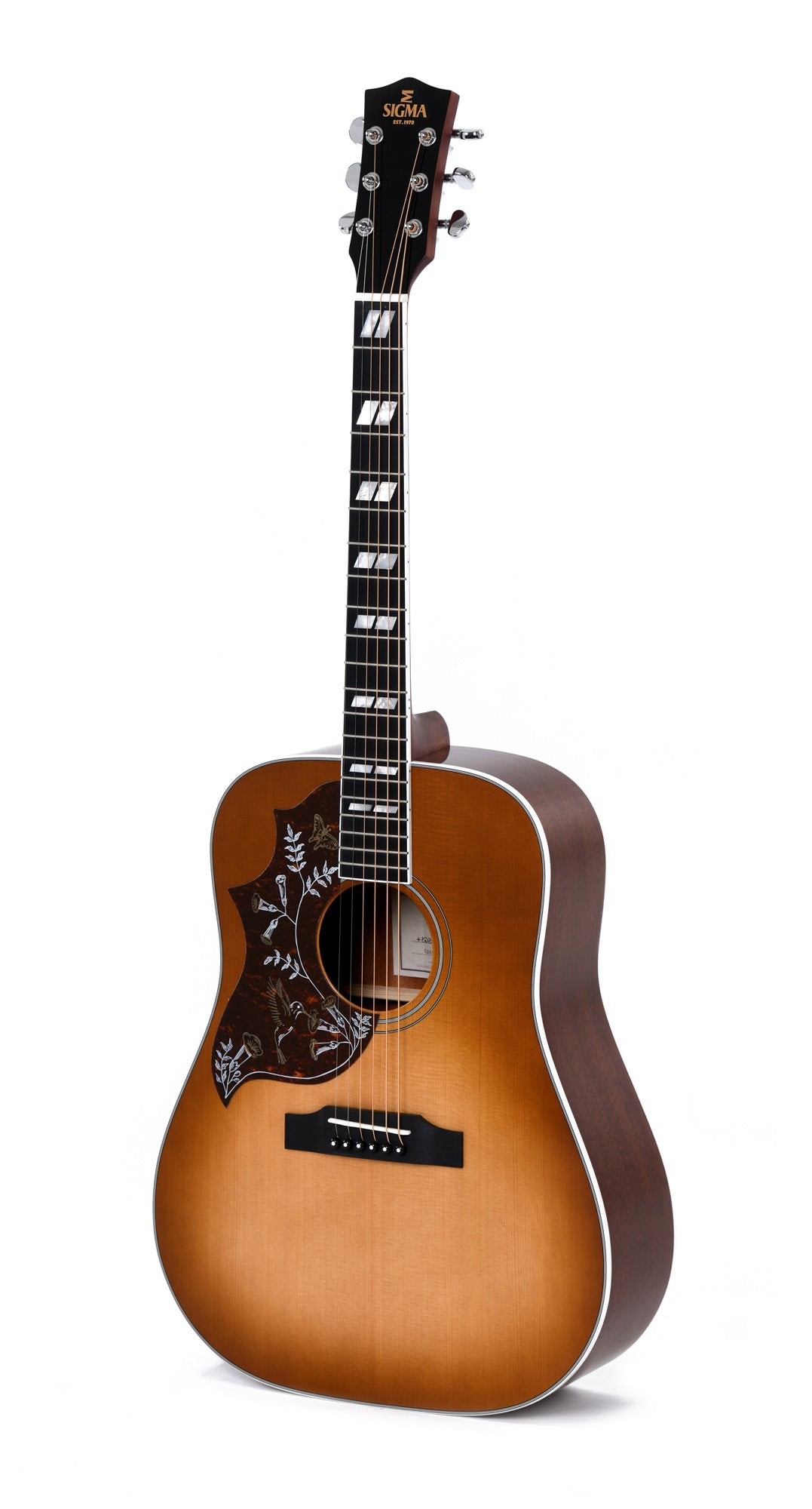 Modèle DM-SG5L, Dreadnought, table épicéa massif, f/e acajou, touche micarta, EQ Fishman, soft case, heritage sunburst, gaucher