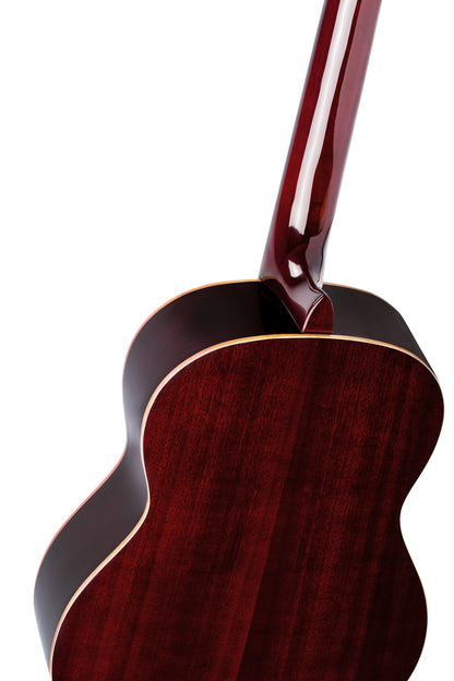 R131SN, modèle Slim Neck, table cèdre rouge massif, fond & éclisses acajou, manche acajou (sillet 48 mm), housse, bordeaux tr.