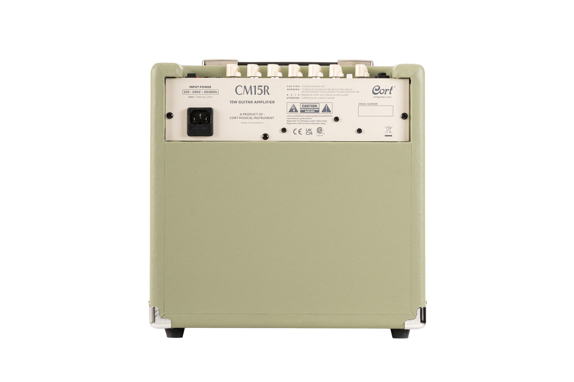 Ampli guitare 15W, 1 x 8", 2 canaux, égaliseur 3 bandes, réverb, entrée CD/MP3 mini-Jack, sortie casque mini-Jack, vert pale