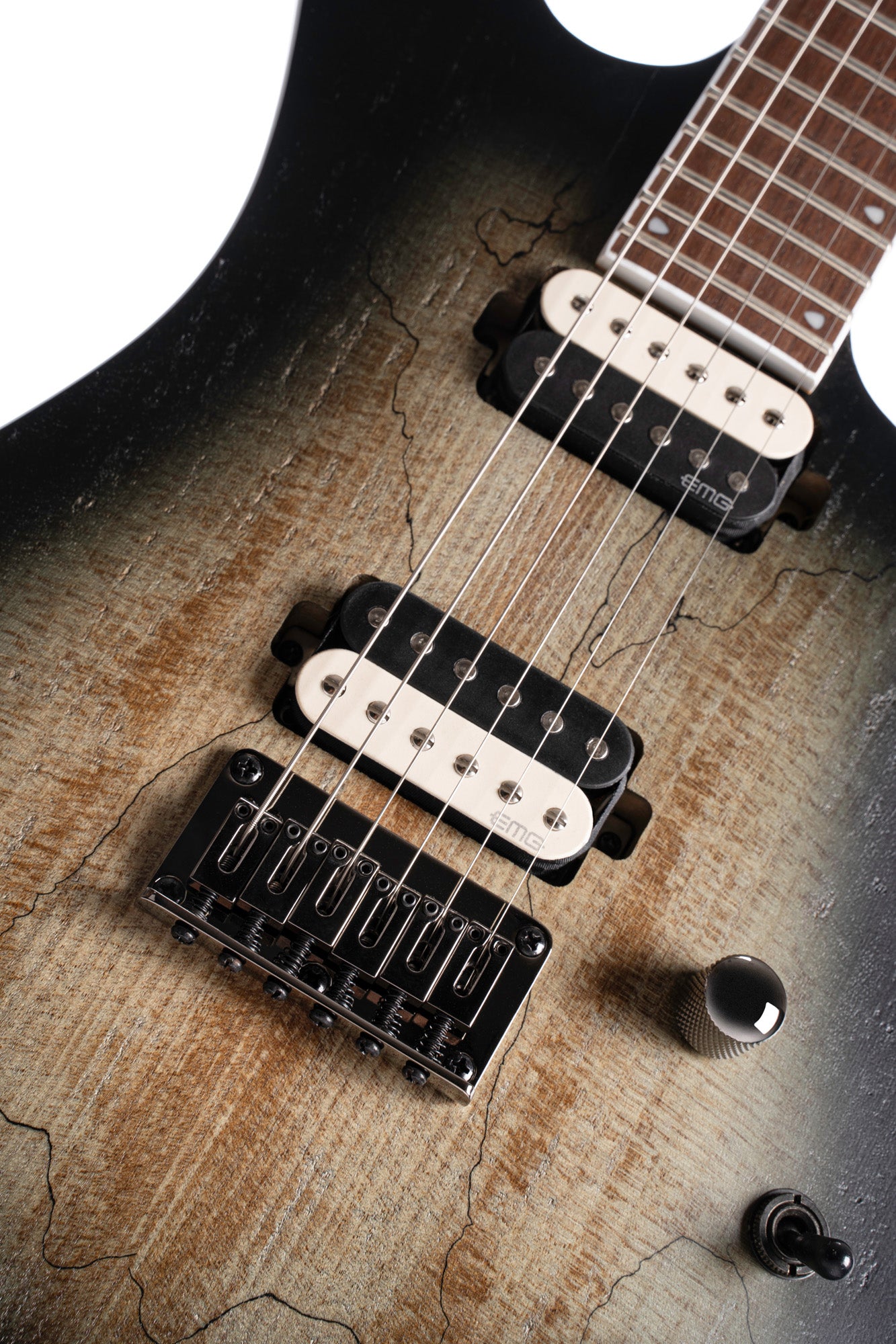 KX300, corps acajou, table érable figuré, manche vissé érable, touche jatoba, micros EMG RetroActive, raw burst pores ouverts