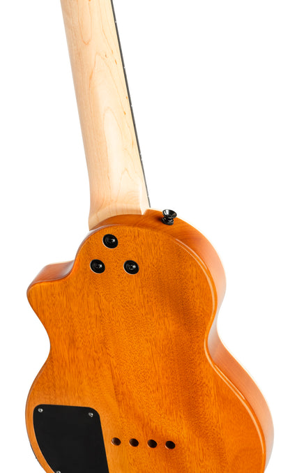 NEO-BS-TSB, modèle Ukebass, pan coupé, EQ MagusExpress, table érable flammé, corps okoumé, manche érable, housse, tobacco burst