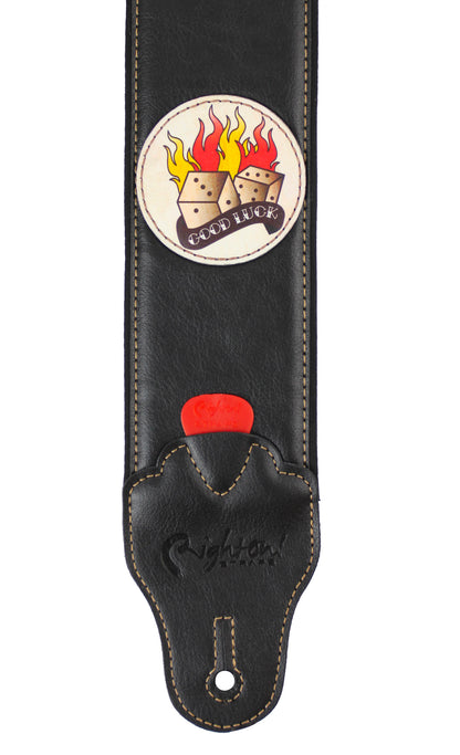 Courroie modèle TATOO DICE, extérieur synthétique, largeur 7 cm, longueur 98 à 153 cm, porte-médiators intégré, noir