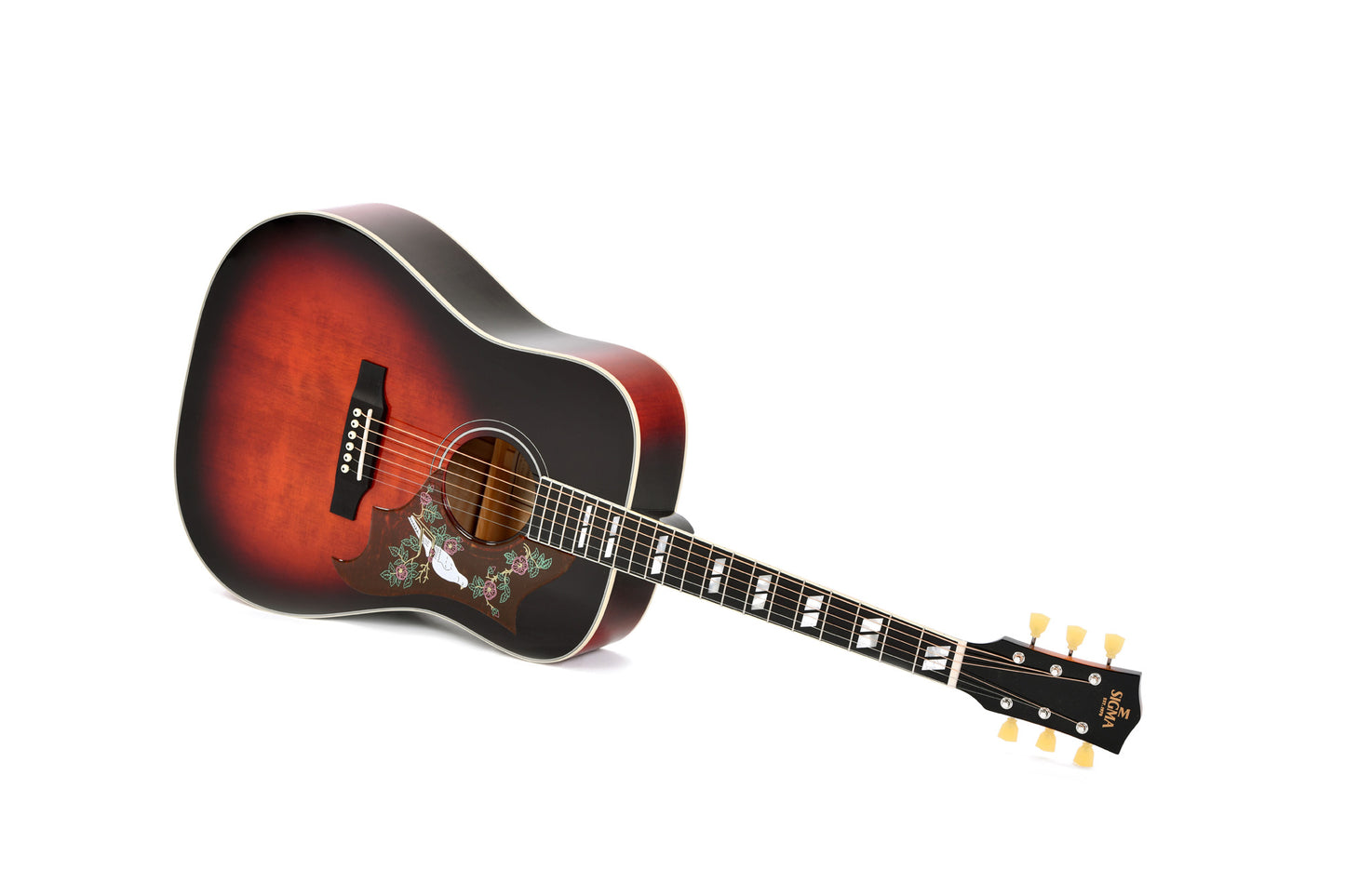 Modèle DA-SG7, Dreadnought, table épicéa massif, f/e érable flammé, touche micarta, EQ Fishman, soft case, sunburst