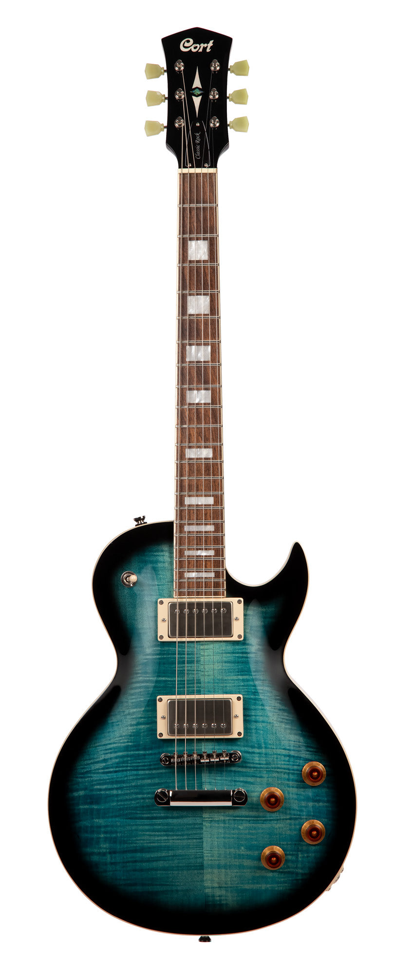 CR250, corps acajou, table érable flammé, manche collé acajou, 2 micros doubles ClassicRocker-II, chevalet T.O.M., d. blue burst