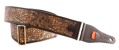 Courroie modèle ALIEN, synthétique, rembourrée, largeur 6 cm, longueur 95 à 150 cm, porte-médiators intégré, brun