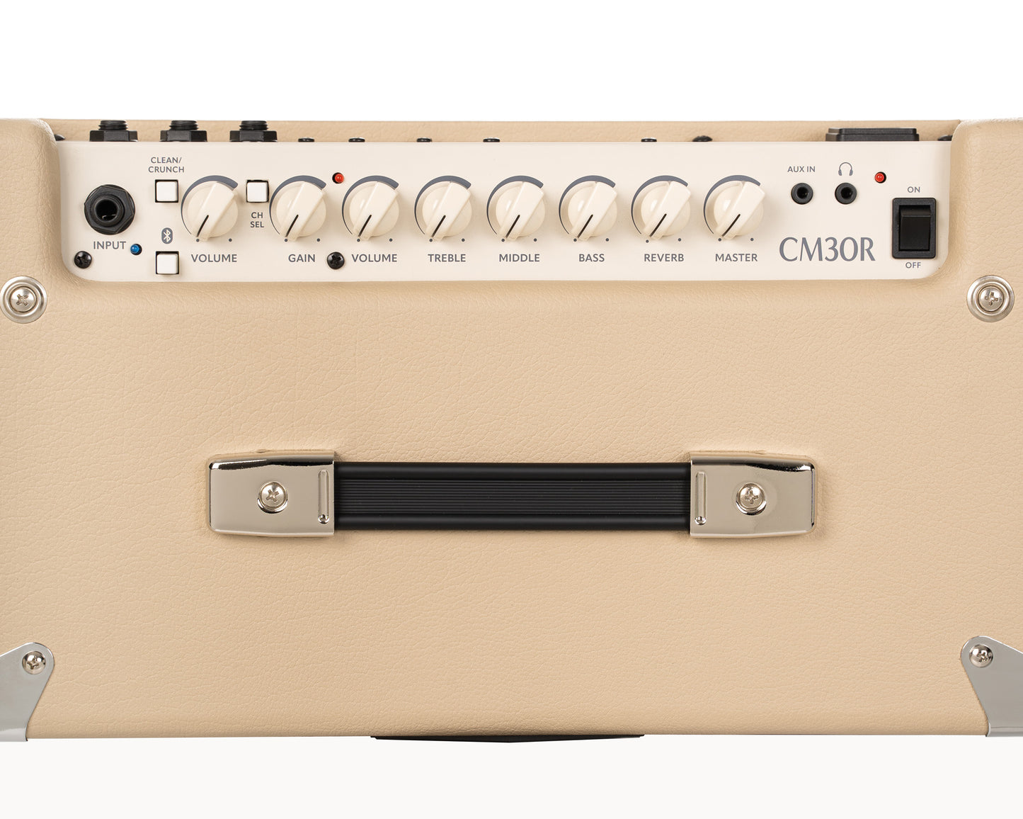 Ampli guitare 30W, 1x 10", 2 canaux, égaliseur 3 bandes, réverb, entrée Bluetooth, entrée CD/MP3 mini-Jack, white sand