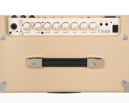 Ampli guitare 30W, 1x 10", 2 canaux, égaliseur 3 bandes, réverb, entrée Bluetooth, entrée CD/MP3 mini-Jack, white sand